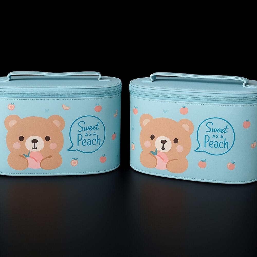 “Sweet as a Peach Bear Makeup Bag Set 2 piece Large & Small Blue New